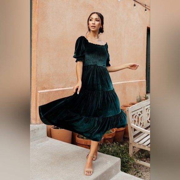 Baltic Born Vivaldi Smocked Velvet Midi Dress Green - Picture 8 of 9